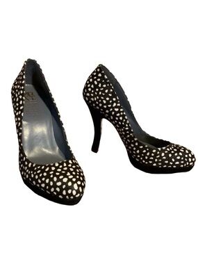 MRKT BROWN, BLACK & WHITE DOTTED CALF HAIR PUMPS (8.5)